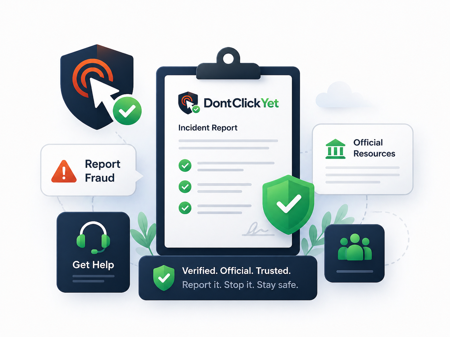 Illustration of official scam reporting resources, incident report checklist, and verified safety guidance